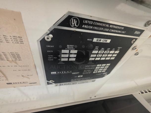Hill Remote Dairy & Cheese Merchandising Case label, model 5LM-12RK, showing electrical specifications and UL certification.