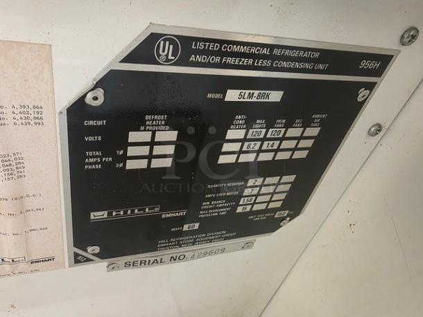 Hill Remote Dairy & Cheese Merchandising Case label showing model 5LM-8RK, electrical specs, and serial number 429609.