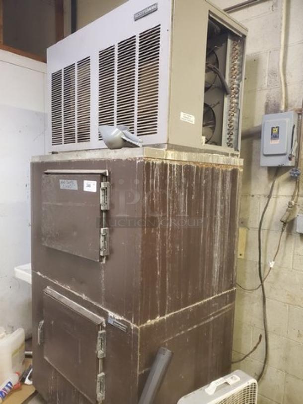 Scotsman Flake Ice Machine Model FME2400AE-3A with bin. Industrial condition, visible wear. Tags show model and specs.