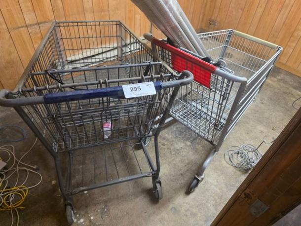 Lot of two shopping carts in used condition; contents not included. One cart has a label "295" on its handle.
