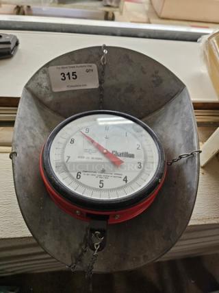 Chatillon Century Series Hanging Scale, round dial, metal frame, chains attached, visible brand logo. Used condition.