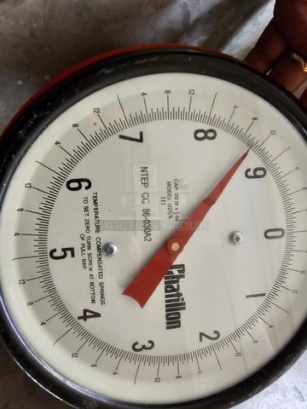 Chatillon Century Series hanging scale, round dial, red pointer, model 20 lb x 1 oz, NTEP CC 86-030A2, good condition.