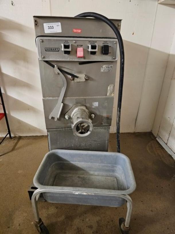 Hobart 4246HD Meat Grinder & Mixer, 208V, 60 Hz, 8.5 HP, 30.0 AMP, with operational controls and a metal meat tray.