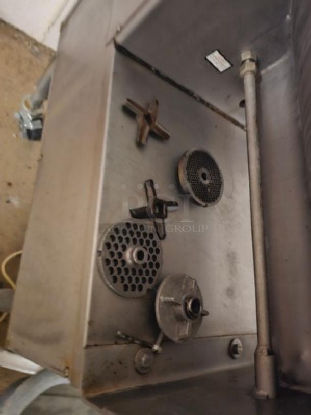 Hobart 4246HD Meat Grinder & Mixer, 208V, 60 Hz, 8.5 HP, 30.0 AMP. Shows grinding plates and components. Used condition.