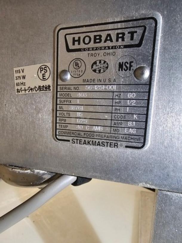 Hobart model 403 countertop meat tenderizer, stainless steel, 115V, NSF-certified, labeled with technical specifications.