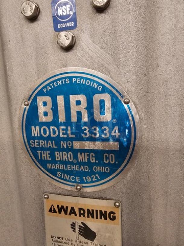 Biro Meat Saw Model 3334 with serial number plate, NSF certified, manufactured by The Biro MFG. Co., Marblehead, Ohio.