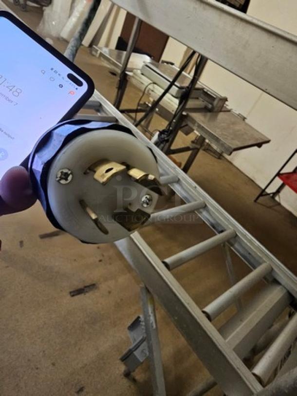 Biro Meat Saw model 3334, industrial-grade with stainless steel frame, showing power plug and part of saw assembly.