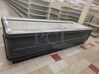 12' Hussmann LI-12U island case, gray exterior, metal trim, used condition, open refrigeration display unit.