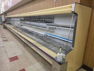 Hill Remote Merchandising Cases, 36' total, three 12' sections. No compressor. Buyer removes. Used condition.