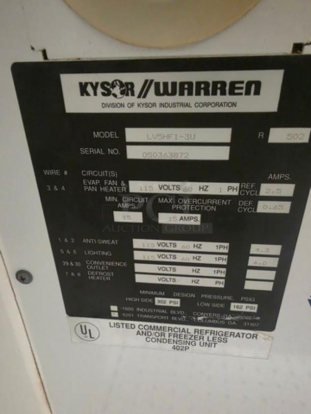 Lot of two Kysor/Warren freezer display cases, model LV5HF1-3U, no compressor. Six doors. Buyer removes. Sold by the door.