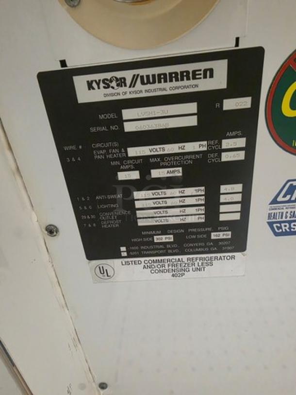 Lot of two Kysor/Warren freezer display cases, model LV5HF1-3U, six doors, no compressor, visible label with specs.