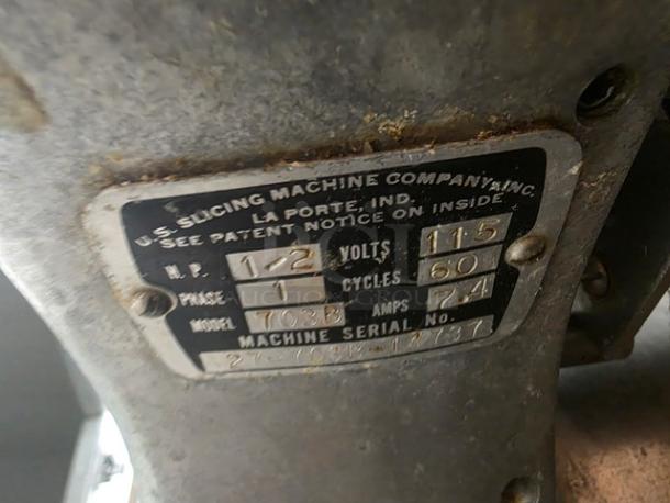 Hobart Commercial Meat Tenderizer model 703B label, showing 115 volts, 60 cycles, one phase, and 7.4 amps.