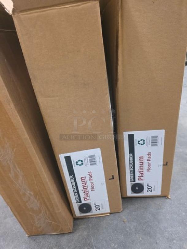 Lot of three 20" floor scrubber pads in packaging. Labels indicate "Platinum Floor Pads," recyclable. Brand: Glit/Microtron.