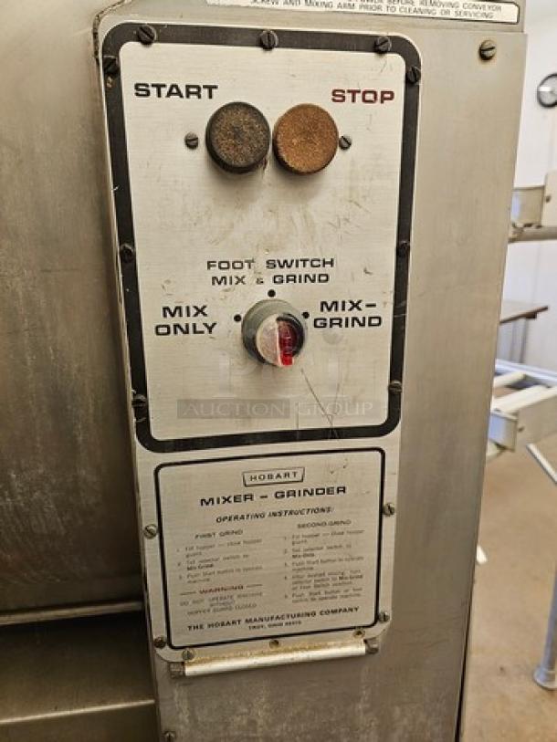 Hobart meat grinder and mixer control panel, featuring start/stop buttons and mix settings; includes operating instructions.