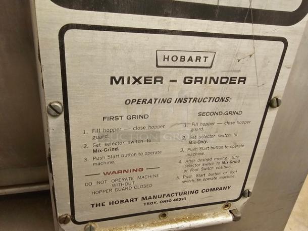 Hobart Meat Grinder & Mixer with instruction plate, showing operating steps. Includes warning and manufacturing details.