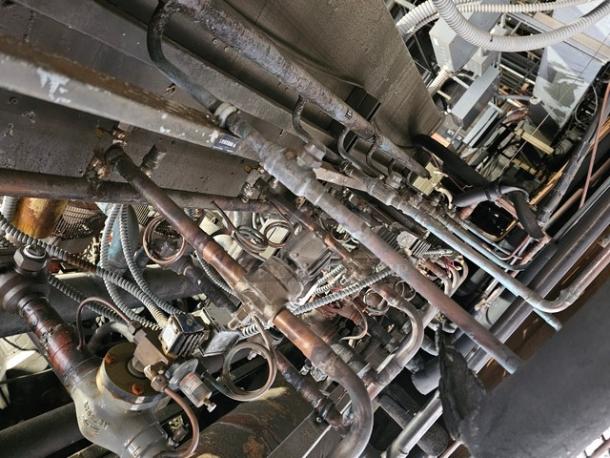 Commercial refrigeration compressor rack, low temp, R-404A, 50 HP, complex piping and wiring. Buyer must remove safely.