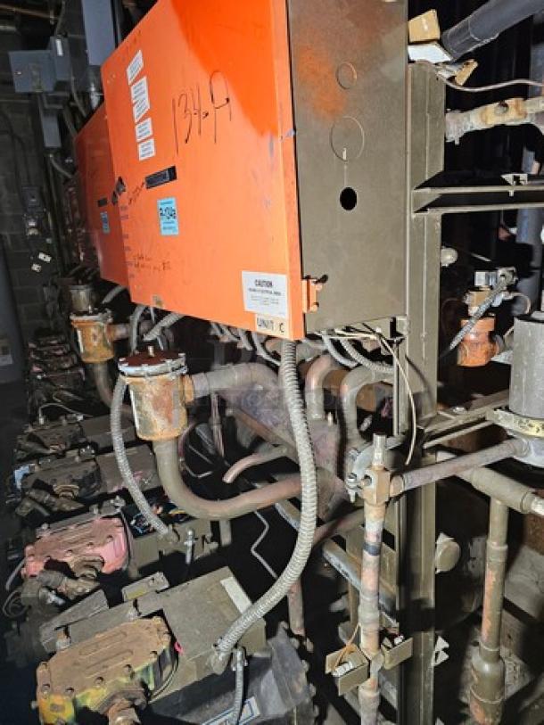 Commercial refrigeration compressor rack, medium temp, 134A, 40 HP. Visible labels and wiring; buyer handles removal.