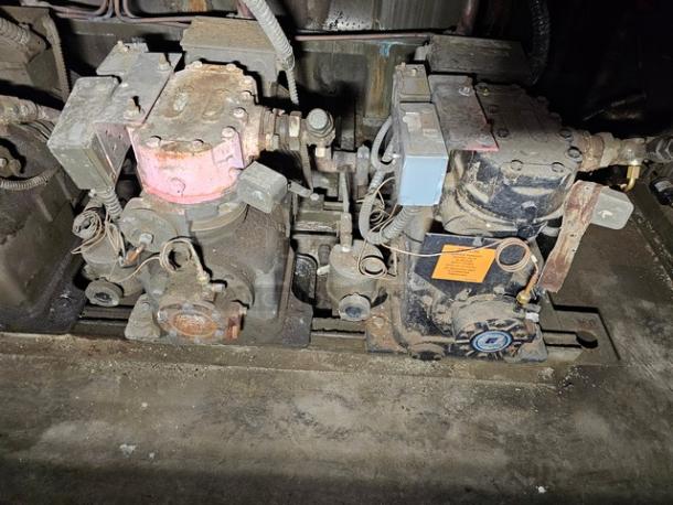 Commercial refrigeration compressor rack, medium temp, 134A, 40 HP. Used condition with visible wear. Buyer removes.