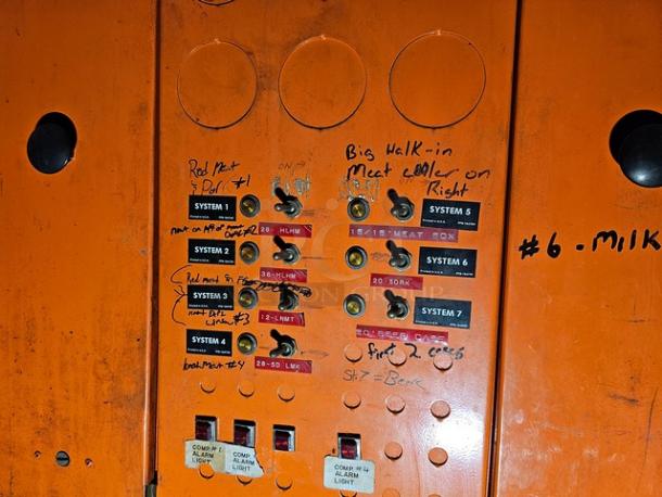 Commercial refrigeration compressor rack panel. Medium temp, R134A, 40 HP. Systems labeled for meat cooling. Used condition.