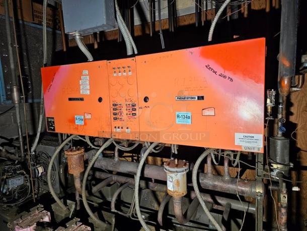 Commercial refrigeration compressor rack, medium temp, 40 HP, R-134A, visible markings, and control labels, used condition.