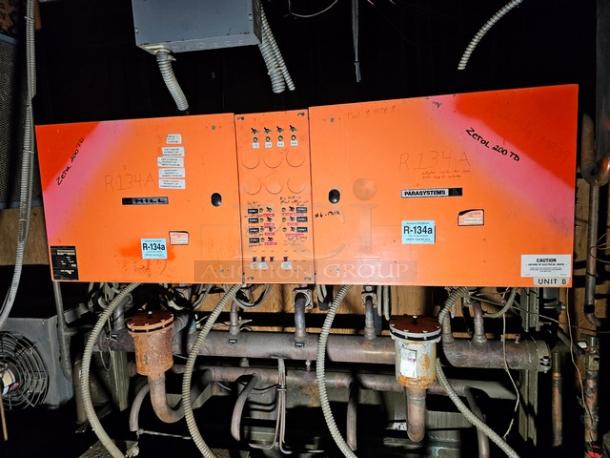 Commercial refrigeration compressor rack, medium temp, R-134A, 40 HP, with visible control panel and wiring. Used condition.