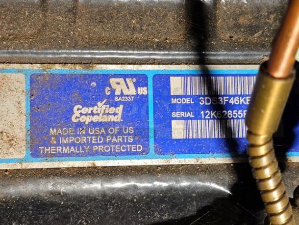 Certified Copeland refrigeration compressor rack label, Model 3DS3F46KE, Serial 12K62855, thermally protected, medium temp.