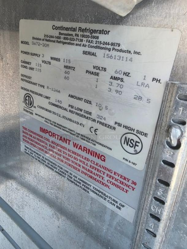Continental SW72-30M 72″ Commercial Sandwich Prep Unit label showing model, safety warnings, and specifications.