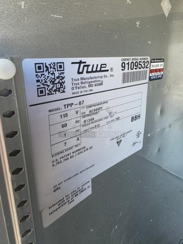 True 2 Door Pizza Prep Table TPP-67 label showing model, voltage, refrigerant type, and manufacturing details.