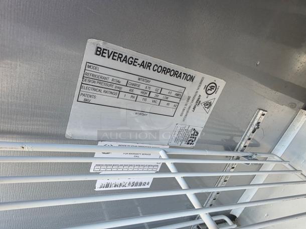Beverage Air WTR72AY Worktop Refrigerator label, detailing model, refrigerant R134a specs, and electrical ratings.