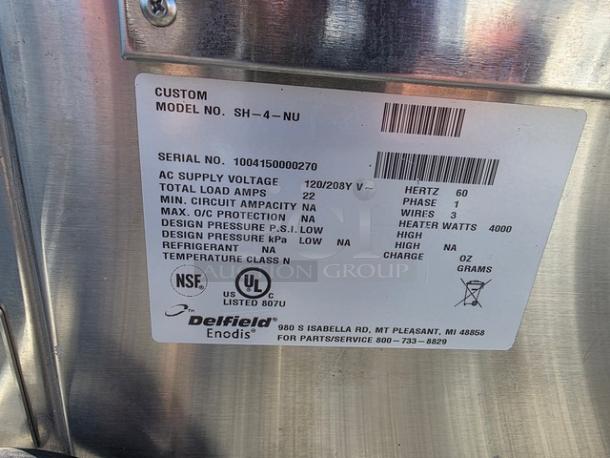 Delfield SH-4-NU 60" electric hot food serving counter label. Features model, serial number, voltage, and certifications.