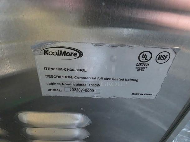 Koolmore KM-CH36-SNGL heated holding cabinet label, 1500W, UL and NSF listed, serial 202309-00001.