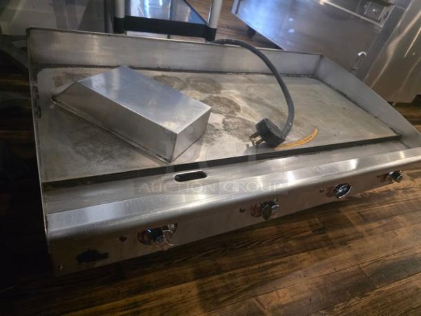 Star Max 48" Electric Griddle, 3 PH, stainless steel, slight wear, visible power cord. Ideal for commercial kitchens.