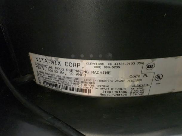 Vitamix VM0126 Portion Blending System label, showing model, electrical specs, and safety instructions.