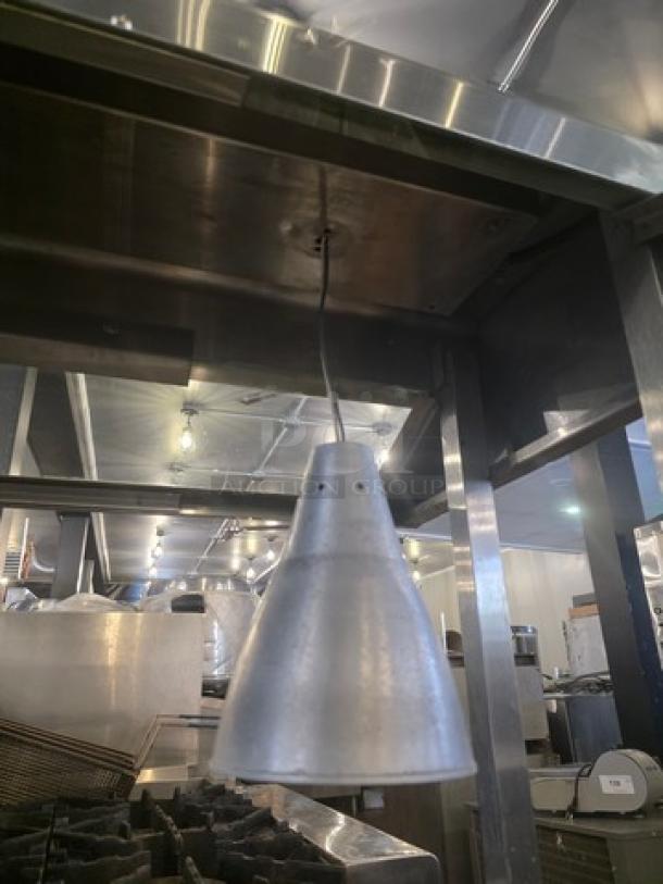 Custom 5 Well Steam Table, stainless steel, excellent condition, spacious wells, includes overhead heat lamp.