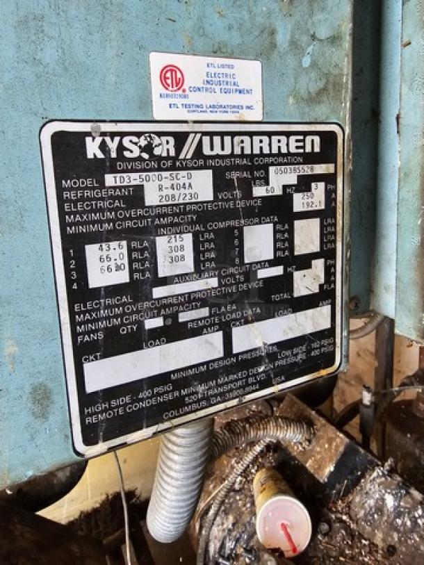 Kysor Warren refrigeration compressor rack plate, Model TD3-500-SED, medium temp. 404A, 40 HP, showing technical specs and ETL label.