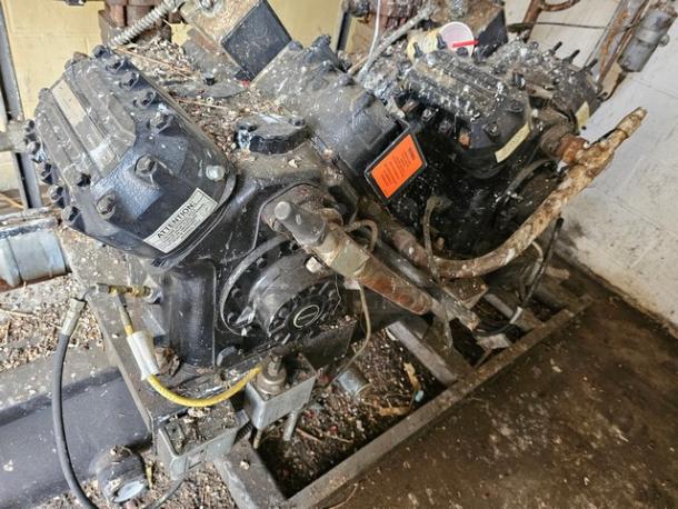 Commercial refrigeration compressor rack, medium temp, 404A, 40 HP. Used condition with visible dirt and wear. Removal tools required.