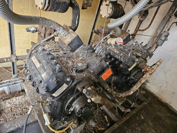 Commercial refrigeration compressor rack, medium temp, 404A, 40 HP, showing wear. Buyer must handle removal, tools required.