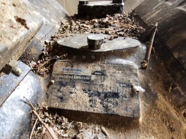 Alt text: "Emerson Copeland Discus refrigeration compressor rack, medium temp, 40 HP, 404A, visible label with model and serial info."