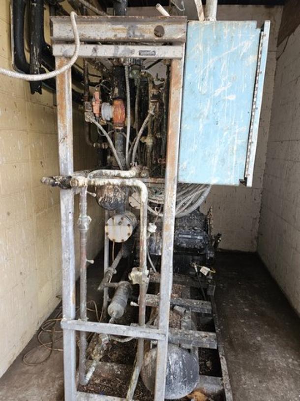 Commercial refrigeration compressor rack, medium temp, 404A, 40 HP. Visible wear, rust; requires buyer removal.