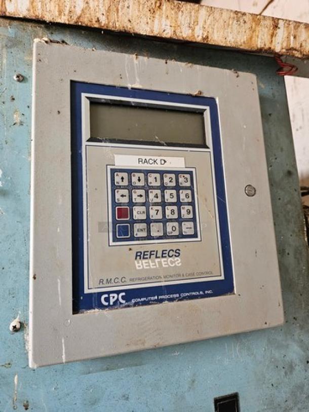 Commercial refrigeration compressor rack with REFLECS BEC EC2 controller, model R.M.C.C., medium temp, 404A, 40 HP.