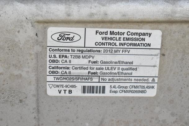 2012 Ford E-350 Van emission label, VIN 1FBSS3BL3CDA01043; ULEV II compliant, gasoline/ethanol fuel.