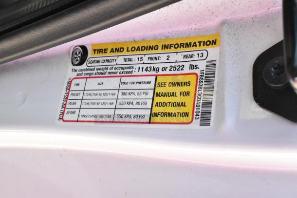 Tire and loading information label for 2012 Ford E-350 Van, seating 15. VIN 1FBSS3BL3CDA01043.