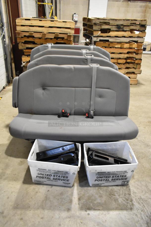 2012 Ford E-350 Van removable back seats, gray fabric, seen with USPS bins. Good condition, supports shown. Odometer: 96,764 miles.