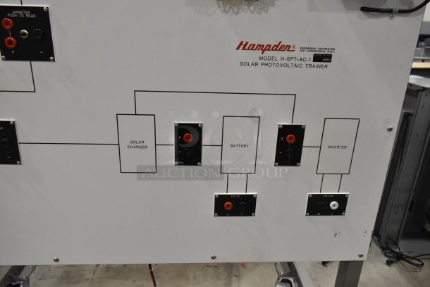 Hampden Model H-SPT-AC-1 solar photovoltaic trainer with labeled connections for solar charger, battery, and inverter.