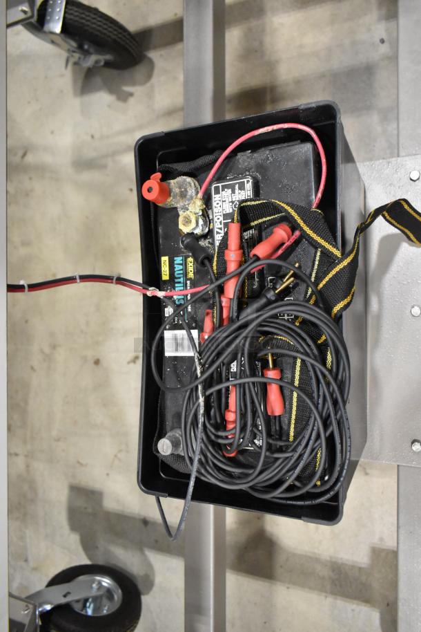 Battery pack with cables and connectors for Kyocera Solar Panels on Hampden Controller, visible acid wear, used condition.