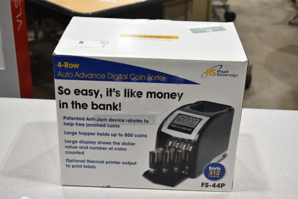 Royal Sovereign FS-44P coin sorter in original box, features 4-row auto advance, anti-jam, large hopper, optional printer.