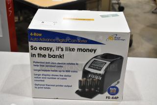 Royal Sovereign FS-44P coin sorter in original box, features 4-row auto advance, anti-jam, large hopper, optional printer.