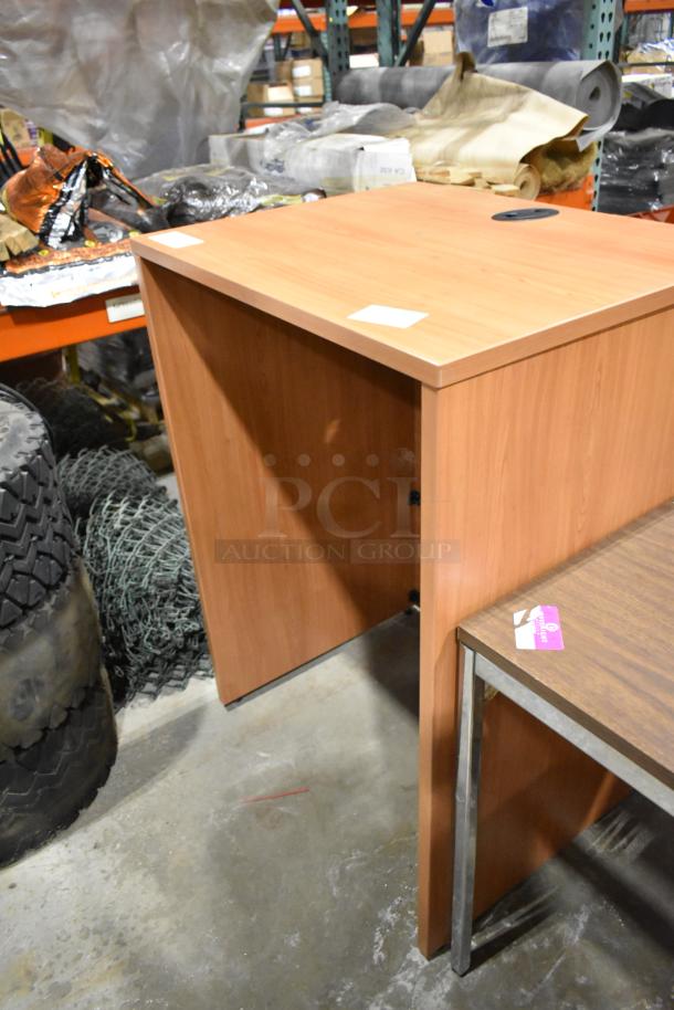 Wood pattern table and podium, good condition, visible surface hole on the table for cable management, set in warehouse.