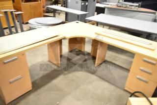 L-shaped desk with wood pattern; includes 2-drawer and 3-drawer filing cabinets; modern design, excellent condition.