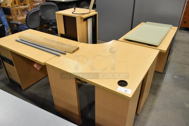 L-shaped wood pattern desk with 2-drawer and 3-drawer filing cabinets, showing a clean surface and sturdy design.